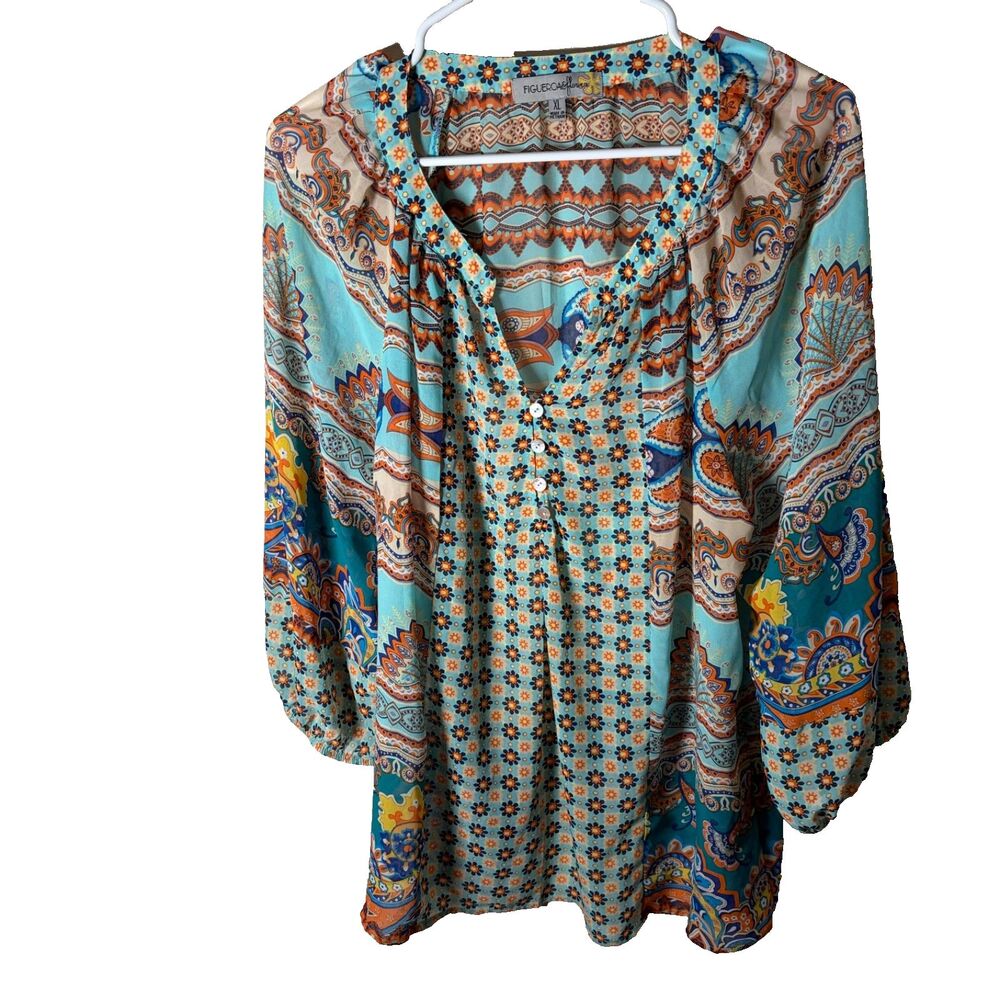 Figueroa & Flower Blouse Women's XL V-Neck 3/4 Sleeve Colorful Lightweight Top